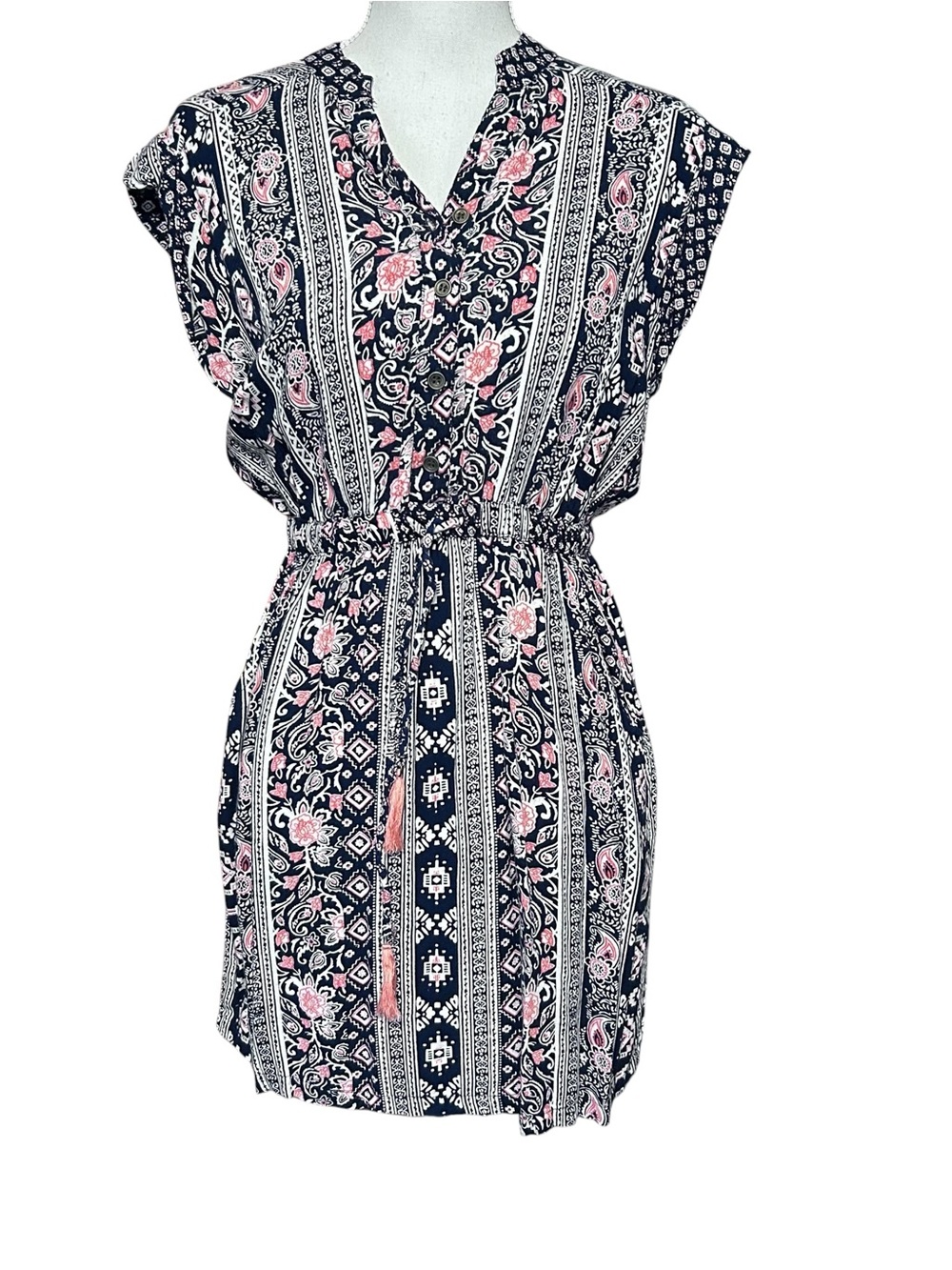 Angie Geometric Paisley Short Dress Womens S Boho Floral Preppy Pockets Beach